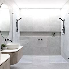 KITCHEN / Photo Gallery / Polytec Grey Bathrooms Designs, Double Shower, Diy Bathroom Remodel, Bathroom Tile Designs, Bathroom Design Luxury, Minimalist Bathroom, Grey Bathrooms, Bathroom Renos, Bathroom Tile