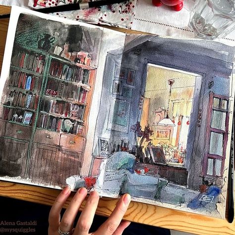 Watercolour Interior, 2023 Drawing, Watercolor Study, Winter Living Room, Kitchen Drawing, Drawing Interior, Artsy Aesthetic, Interior Design Drawings, Instagram Drawing