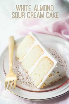 White Almond Sour Cream Cake: easy, from scratch recipe that bakes up so moist and flavorful! #whitecake #recipe #homemade #birthday #easy #fromscratch #moist #frosting #filling #withstrawberries #simple #wedding #best #almond #cupcakes #icing #withfruit #babyshower #basic #perfect #elegant #themostamazing #bakery #classic #desserts #withberries #beautiful #fondant #flavors #party #baptism #sourcream #9x13 #buttercream #bakingamoment White Almond Sour Cream Cake, Almond Sour Cream Cake, Wasc Cake, White Almond Cakes, Almond Wedding Cakes, Cake Tips, Almond Cake Recipe, Frugal Wedding, White Cake Recipe