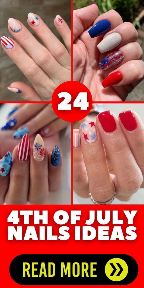 For those who favor understated elegance, opt for 4th of July nails in a cool chrome finish. Apply a silver chrome base and subtly incorporate small flag motifs or tiny stripes in patriotic colors at the tips. This nail art combines modern style with traditional holiday themes, perfect for a classy celebration. Classy 4th Of July Nails, Almond Shaped Acrylics, Easy 4th Of July Nails, Round Nail Designs, 4th Of July Nail, Blue Chrome Nails, Nails Classic, Flag Nails, Western Nails