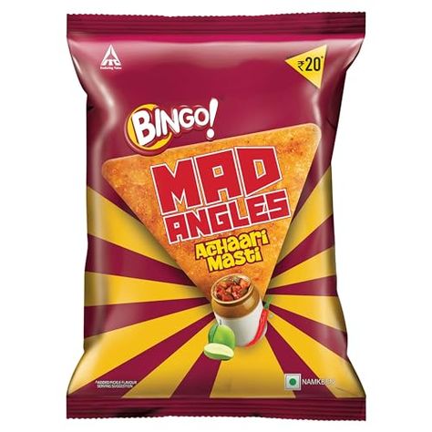 Price: (as of at the time of purchase will apply to the purchase of this product.">Details) Want to try something different from the regular chips? How about some crunchy chips with the yummy flavour of mango pickles? Get home a pack of Bingo! Mad Angles Achaari Masti. A triangle chip made from a corn base and cooked with rice and flour. The authentic taste of achaar is added which gives a delightful taste to the uniquely textured crunchy chips. Reminiscent of your Dadi’s mango pic... Mango Pic, Mad Angles, Mango Pickle, Bingo Chips, Cute Images For Dp, Food Packaging Design, Food Packaging, Nachos, Home A