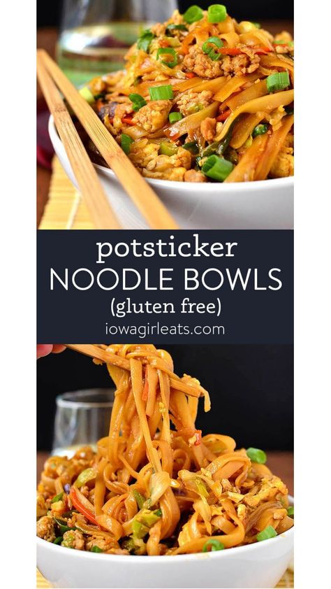 Potsticker Noodles Bowls taste just like potstickers without the tedious sealing and steaming. This gluten free dinner recipe is ready in 30 minutes! Noodle Bowls Recipes, Comfort Casseroles, Iowa Girl Eats, Marinated Pork, Gluten Free Recipes For Dinner, Coleslaw Mix, Noodle Bowl, Low Sodium Chicken Broth, Gluten Free Dinner