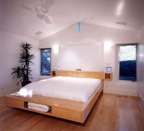 30 Stylish Floating Bed Design Ideas for the Contemporary Home Floating Bed With Storage, Floating Bed Design, Bed With Storage Underneath, Canopy Over Bed, Bed Designs With Storage, Bed Design Ideas, Canopy Architecture, Canopy Bedroom, Contemporary Bedroom Furniture