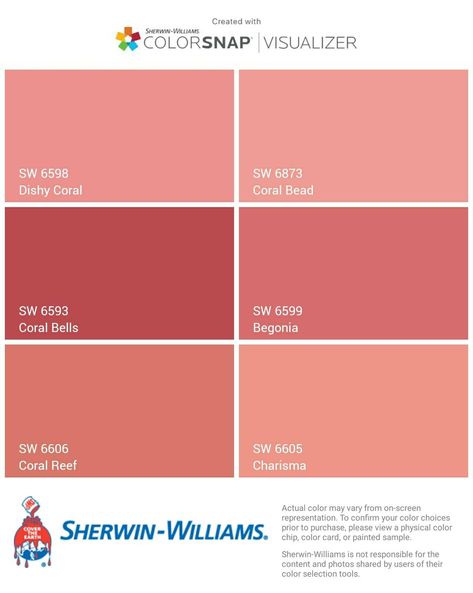 I just created this color palette with the Sherwin-Williams ColorSnap® Visualizer app on my Android phone. What do you think? You can learn more about ColorSnap Visualizer and get it on your phone free by visiting http://getcolorsnap.com. Coral Front Door Colors Sherwin Williams, Sherwin Williams Coral Colors, Coral Front Door Colors, Coral House Exterior, Coral Cottage, Coral Front Doors, Beach Exterior, Boho Paint Colors, Coral Paint Colors