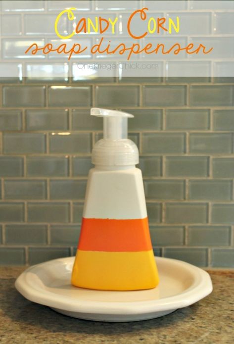 Halloween Decorations: Candy Corn Soap Dispenser | The NY Melrose Family Diy Halloween Soap Dispenser, Candy Corn Crafts, Fall Dec, Halloween Soap, Festival Ideas, Fall Stuff, Halloween Everyday, Halloween Candy Corn, Diy Thanksgiving