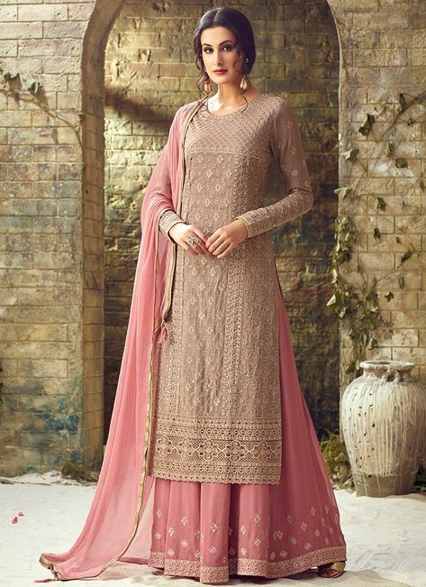 Mauve Grey and Pink Embroidered Sharara Suit Pink Sharara Suit, Pink Sharara, Celana Fashion, Designer Anarkali Suits, Sharara Suit, Salwar Kamiz, Salwar Kameez Online, Designer Anarkali, Designer Salwar Suits