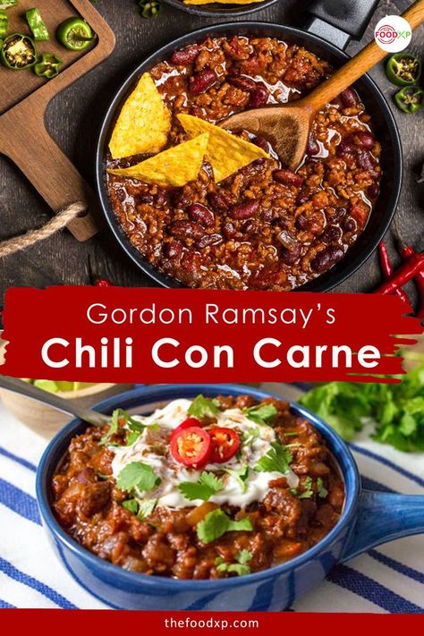 Gordon Ramsay's Chili Con Carne is loaded with veggies, beans, minced beef and chilies. It is speedy and easy to make recipe. THEFOODXP blog has the wholesome recipe for you to try. #gordonramsaychiliconcarne #gordonramsaychilicincarnerecipe #gordonramsayrecipes #chiliconcarne #chiliconcarnerecipe Mexican Chili Con Carne, Gordon Ramsey Recipes, Chili Con Carne Recipe, Carne Recipe, Con Carne Recipe, Minced Beef Recipes, Mexican Chili, Gordon Ramsay Recipe, Minced Meat Recipe