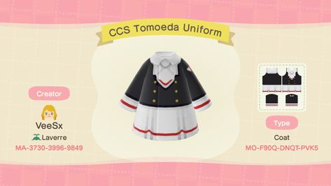 Tomoeda Middle School Uniform from Card Captor Sakura in the form of Animal Crossing wear #animalcrossingnewhorizons Cardcaptor Sakura Animal Crossing, Acnh Cardcaptor Sakura, Sakura Animal Crossing, Island Tune Ideas Animal Crossing, Acnh Anime, Cherry Blossom Outfit, Acnh Clothes, Anime Uniform, Animal Crossing 3ds