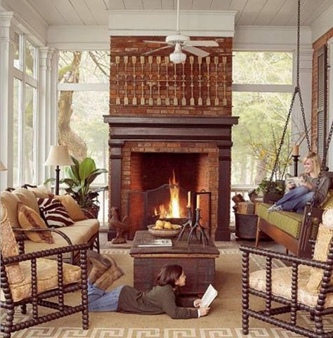 The porch Living Pool, Porch Fireplace, Hm Home, Screen Porch, Diy Pergola, Cozy Fireplace, Outdoor Porch, Screened Porch, Porch Patio