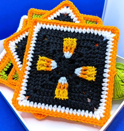 Halloween Candy Granny Square Patterns - Etsy Halloween Granny Square Crochet Patterns Free, Halloween Crochet Patterns Granny Squares, Weird Granny Squares, Spooky Crochet Squares, Halloween Granny Square Pattern, Halloween Granny Square Crochet Free, Granny Square Halloween, Halloween Granny Square Blanket, Crochet Candy Corn Granny Square