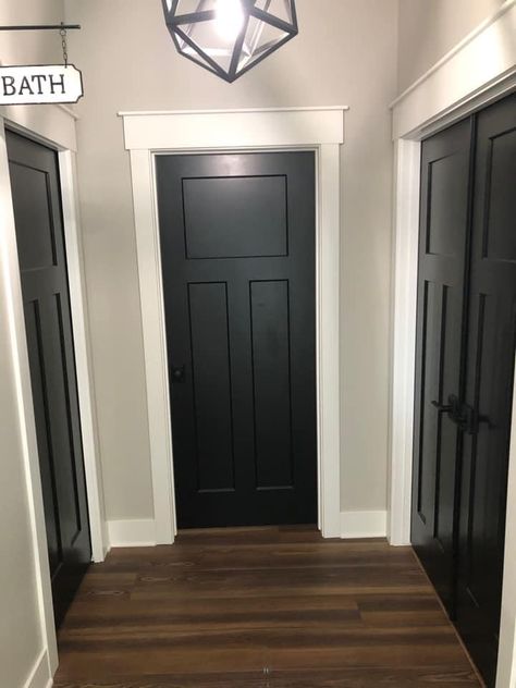 Black Interior Doors With White Trim, Black Baseboards, Interior Door Colors, Black Hallway, Dark Doors, Interior Door Trim, Black Interior Doors, Basement Plans, Farmhouse Ideas