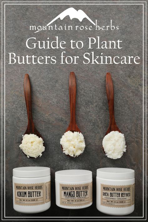 Guide to Plant Butters for Skincare: There are many plant-based butters to consider when formulating your homemade beauty products. This guide breaks down the differences in color, aroma, texture, and the differences between refined and unrefined butters, making it easy to find the right product for your skincare recipes. Butters For Skin, Cream Tattoo, Ingrown Hair Removal, Mountain Rose, Skin Care Routine For 20s, Mountain Rose Herbs, Kokum Butter, For Skin Care, Body Butters