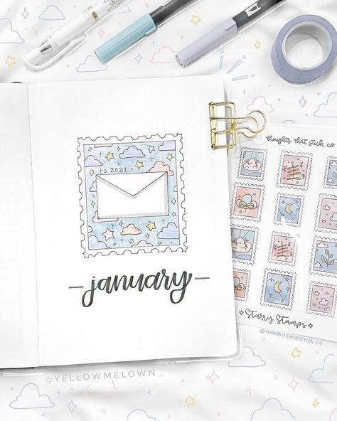 melanie’s bujo ☺︎︎ on Instagram: “finally here: my jan cover!! this is the first monthly cover this year and it’s stamp/mail themed! ⁣ this was a theme where i had a really…” Bujo Monthly Cover, Journal Setup Ideas, January Lettering, Bullet Journal Calendrier, Diario Bullet, Artist Hue, Minimalist Bullet Journal, January Bullet Journal, Bullet Journal Setup