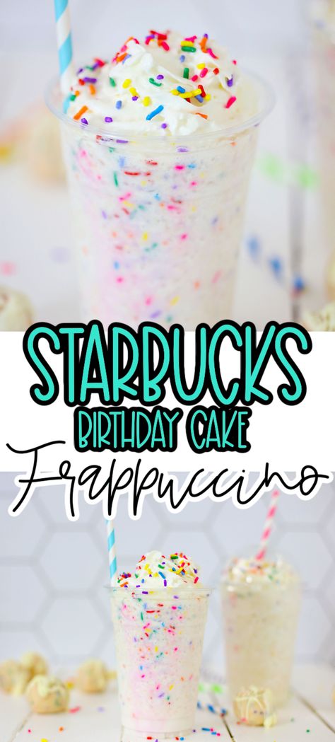 Birthday Cake Frappuccino, Birthday Cake Drink, Starbucks Cupcakes, Starbucks Birthday Party, Copycat Starbucks Drinks, Starbucks Cake, Starbucks Birthday, Frappe Recipe, Secret Starbucks Recipes