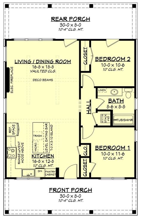 The Best 30 Ft. Wide House Plans for Narrow Lots - Houseplans Blog - Houseplans.com 24x28 House Plans, One Bedroom Cabin Floor Plans, 1000 Square Foot House Plans, Country Cottage Plans, 2 Bedroom Cottage Plans, Wide House Plans, Wide House, Robie House, Cottage Plans