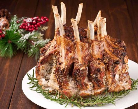 Garlic-Herb Crusted Crown Roast of Pork Recipe - MyGourmetConnection Crown Roast Pork, Crown Pork Roast Recipes, Crown Roast Recipe, Crown Pork Roast, Pork Crown Roast, Crown Roast Of Pork, Crown Roast, Pork Roast Recipes, Christmas Eve Dinner