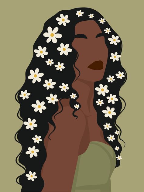 A printable graphic of a confident woman with daisy-esq flowers in her hair. Graphic Prints Art, Black Woman Clipart, Woman Flower Illustration, Hair Aesthetic Picture, Flowers In Hair Drawing, Woman Day Design Poster, Flowers In Hair Aesthetic, Black Woman Art Drawings, Afro Line Art