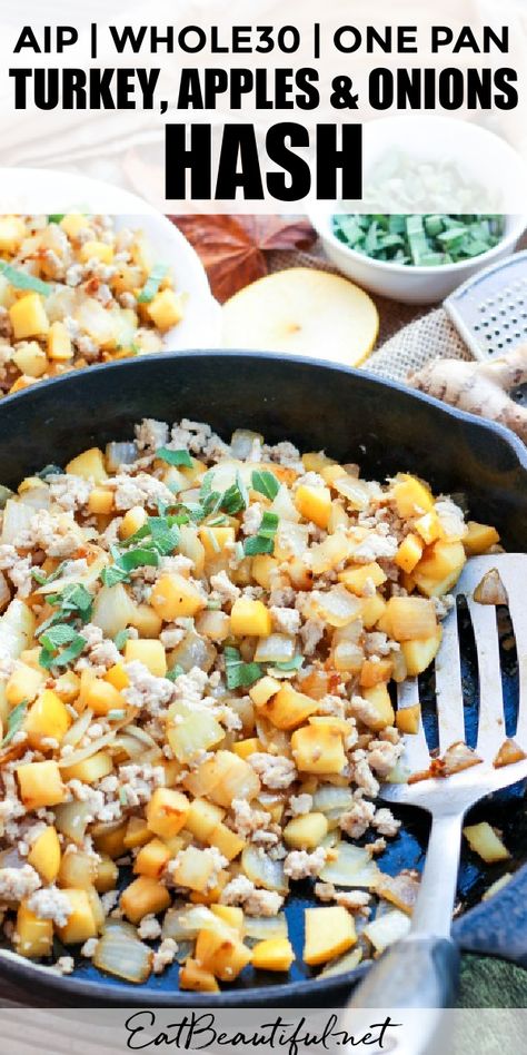 Choose either a spoon or a fork; enjoy a 1-pan breakfast or dinner — this is simple food, and delicious! Turkey, Apples and Onions Hash is a Paleo, AIP, GAPS Diet and Whole30 meal! | Eat Beautiful Recipes | aip breakfast | aip breakfast recipes | aip dinner recipes | whole30 breakfast | aip one pan dinner | whole30 dinner | whole30 recipes | paleo breakfast | paleo dinner | paleo fall recipes | #aip #paleo #whole30 #hash #turkey #apples #onepan Turkey Apple, Apples And Onions, Primal Living, Aip Breakfast, Eat Beautiful, Beautiful Recipes, Autoimmune Paleo Recipes, Aip Paleo Recipes, Hash Recipe