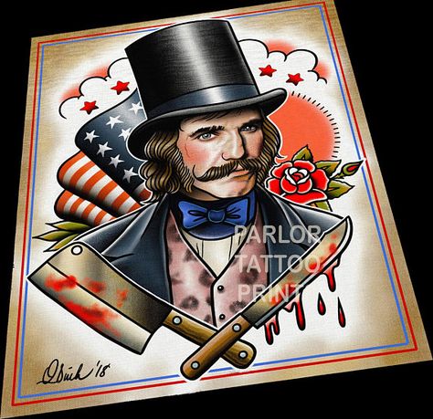 Bill The Butcher Tattoo, Butcher Tattoo, Tatto Print, Bill The Butcher, Traditional Tattoo Old School, Gangs Of New York, New York Tattoo, Movie Tattoos, The Butcher