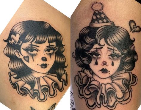 Lady Clown Tattoo, Clown Lady Tattoo, Porcelain Doll Tattoo, Doll Head Tattoo, Neo Traditional Tattoos Black And Grey, Jester Tattoo, Valentines Designs, Tattoo Knee, Tattoo Over Scar