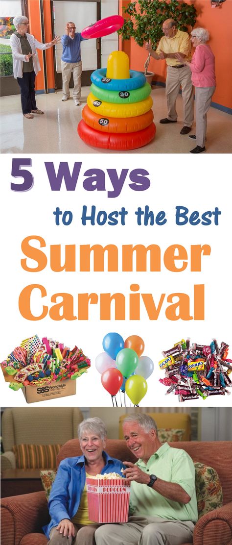 If you’re planning to host a summer carnival for your senior residents this year at your assisted living facility, be sure to include these 5 elements to make the event fun and memorable! #carnival Activities For Nursing Home, Activities For Nursing Home Residents, Nursing Home Crafts, Senior Center Activities, Assisted Living Activities, Senior Citizen Activities, Memory Care Activities, Senior Assisted Living, Senior Living Activities