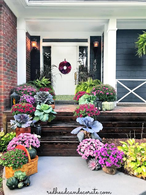 How to Combine Mums and Cabbage for Cascading Fall Steps - Redhead Can Decorate Mum Planters, Front Porch Steps, Fairy Lights Garden, Ornamental Cabbage, Cascade Falls, Fall Planters, Garden Lanterns, Fall Front Porch, Different Shades Of Pink