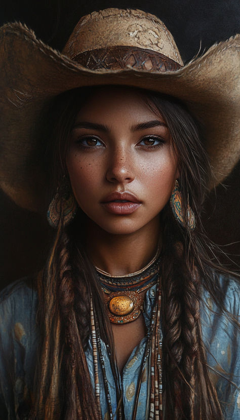 Rugged Western Natural Beauty. Long Festival Hair, Cowgirl Makeup Ideas, Western Makeup Looks, Cowgirl Hairstyles, Cowgirl Makeup, Cowgirls Hairstyles, Western Makeup, Cowgirl Hair, Western Brown