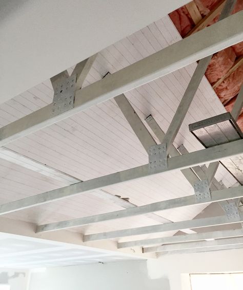 Want exposed beams in your house? Here's how... Exposed Beam Cathedral Ceiling, Exposed Header Beam, Corigated Metal Ceiling, Vaulted Ceiling Trusses, Open Truss Ceiling, Exposed Ceiling Joists, Boards On Ceiling, Truss Ceiling, Exposed Ceiling