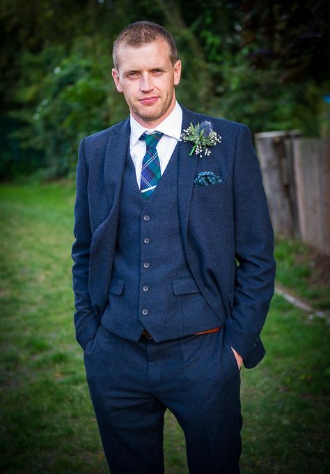 Next Tweed Blue Suit Tartan Tie Colourful DIY Village Fete Wedding http://jamesgristphotography.co.uk/blog/ Mens Suits Navy, Terno Slim Fit, Tartan Suit, Tartan Wedding, Groom Style Wedding, Suits Groom, Village Fete, Prom Blazers, Terno Slim