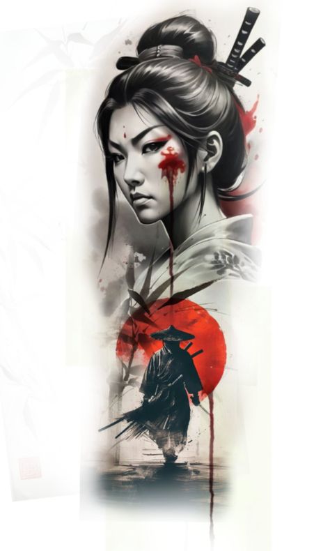 Female Samurai Tattoo, Japanese Temple Tattoo, Japanese Geisha Tattoo, Japanese Warrior Tattoo, Samurai Tattoo Sleeve, Japanese Back Tattoo, Trash Polka Tattoo Designs, Geisha Tattoo Design, Big Cat Tattoo