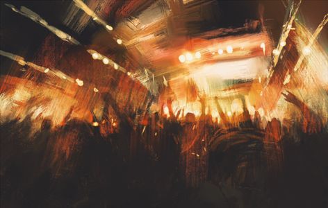 * (@sbmrsv) / Twitter Tithi Luadthong, Crowd At Concert, Concert Illustration, Poetic Paintings, Cheering Crowd, Geometric Wall Paint, Concert Crowd, October Art, Musician Art