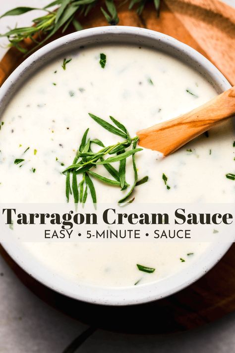 Tarragon Cream Sauce is a warm and luxurious condiment for chicken, fish, beef, and more. Quick and easy to make with only 8 ingredients, it instantly makes your everyday dinners feel gourmet! Gourmet Pasta Plating, Tarragon Cream Sauce, Creamy Peppercorn Sauce, Tarragon Sauce, Tarragon Recipes, Everyday Dinners, Gourmet Pasta, Cream Sauce Pasta, Non Dairy Butter