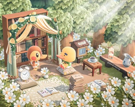 Small Area Builds Acnh, Acnh Overlook Ideas, Acnh Reading Nook, Acnh Duck Design, Acnh Bookshelf Design, Animal Crossing Wedding Ideas, Acnh Rug Design Code, Animal Crossing Themes, Animal Crossing Wedding