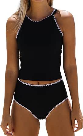 Beachsissi Women Cute White Trim Bathing Suit Swimwear Round Neck Tankini Set, Black Tankini With Shorts, Strapless Swimsuit, Black Tankini, Tankini Swimsuits For Women, Womens Tankini, Bodycon Floral Dress, Swimwear Tankini, White Swimsuit, Tankini Set