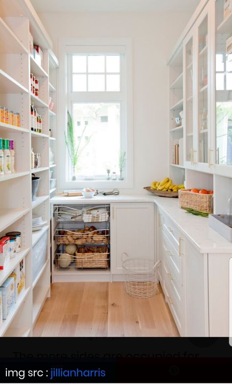 Pantry with window, upper shelves, countertops, and base cabinets House Pantry, Pantry Decor, Farmhouse Pantry, Butler’s Pantry, Pantry Remodel, Pantry Shelving, Small Pantry, Kitchen Pantry Design, D Love