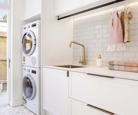 The Block alumni share four of their favourite laundries that get the balance just right. Laundry Stacked Washer Dryer, Stacked Washer Dryer Laundry Room, Washer Dryer Laundry Room, Laundry Storage Solutions, European Laundry, Luxe Bathroom, Modern White Bathroom, Beautiful Bathroom Designs, Laundry Design