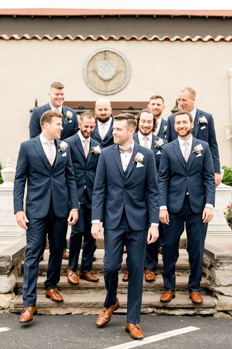 Groomsmen In Navy Suits, Groomsmen Attire Blue Suit, Groomsmen Attire Dark Blue, Wedding Groomsmen Attire Navy, Wedding Navy Blue Suit, Navy Groom And Groomsmen, Groomsmen Outfits Navy, Groom And Groomsmen Attire Blue, Navy Blue Suit Groomsmen