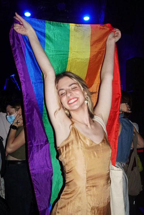 Person Holding Pride Flag, Pride Flag Pose Reference, Pride Flag Poses, Holding Pride Flag Pose Reference, Pride Ych, Pride Photoshoot, Leith Ross, Pride Photos, Queer Women