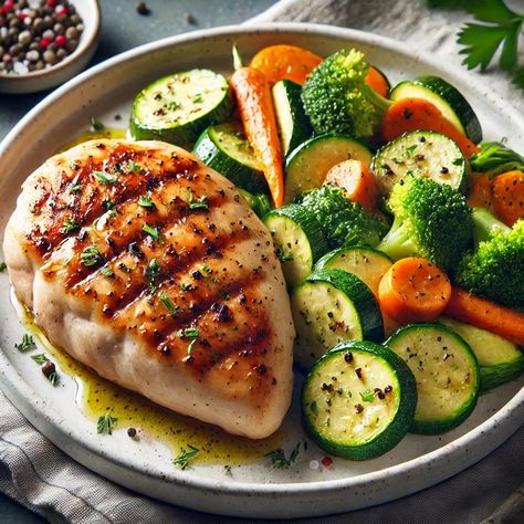 Chicken breast with steamed vegetables Chicken Breast And Vegetable Recipes, Recipe For Chicken Breast, Mind Diet Recipes, Balanced Lunch, Chicken And Veggies, Mind Diet, Healthy Meats, Recipe For Chicken, Steamed Vegetables