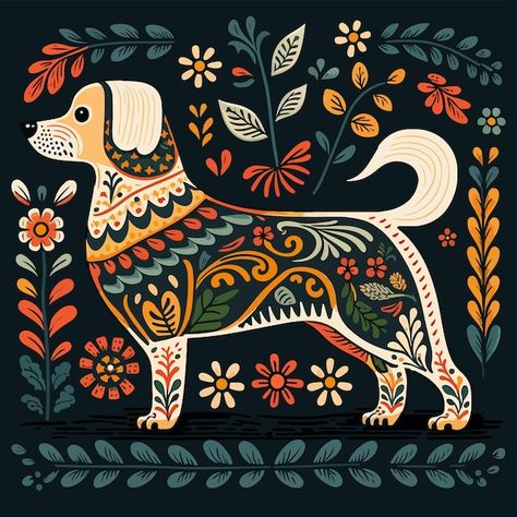 Russian Folk Illustration, Folk Art Dogs, Dog Folk Art, Fruit Illustration Art, Folk Art Animals, Dog Art Painting, Folk Art Illustration, Folk Illustration, Christmas Graphic Design