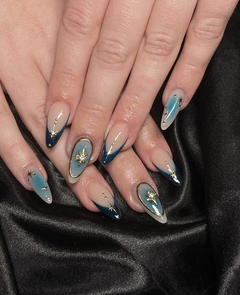 Sapphire Nails, Eight Pointed Star, Dark Blue Nails, Teal Nails, Almond Nails Designs, Nail Essentials, Blue French, Nails Halloween, Star Blue