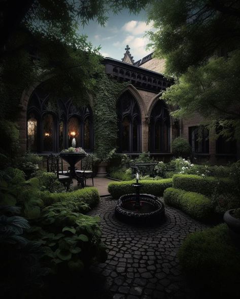 Dark Courtyard Aesthetic, Dark Manor Aesthetic Exterior, Gothic House Floor Plan, Dark Courtyard, Gothic Courtyard, Vintage House Exterior, Dark Home Aesthetic, Shattered Book, Manor Aesthetic