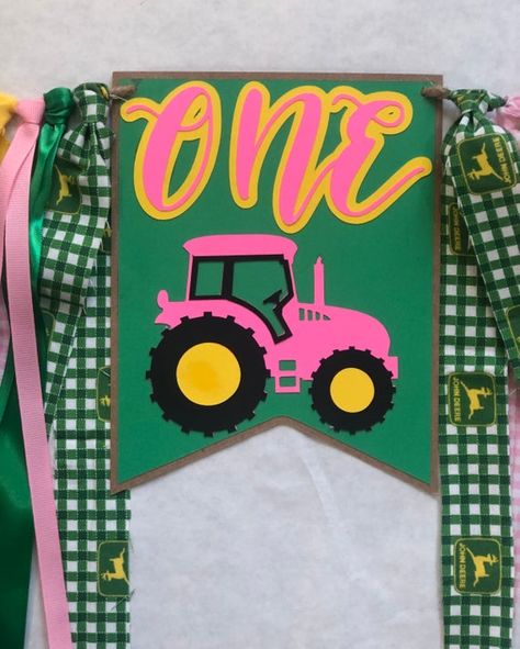 Tractor Smash Cake, Tractor Party Decorations, Rooftop Decor, Fabric Streamers, John Deere Birthday Party, John Deere Birthday, Pink Tractor, Tractor Birthday Party, Happy Glamper