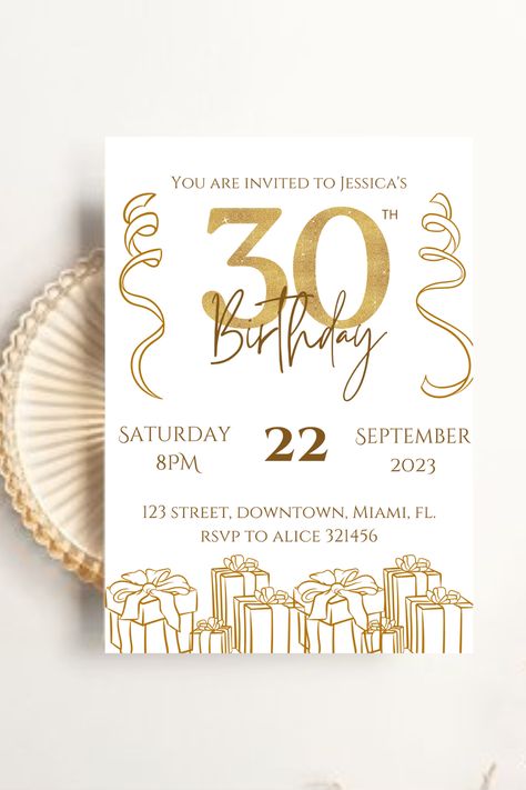 Looking for a stylish and modern 30th birthday invitation? Look no further than our template! This template is perfect for any woman celebrating her birthday in style. With its gold and white color scheme, this invite will stand out from the rest. Plus, the aesthetic makes it perfect for any woman's 30th birthday party. So don't wait any longer, download our template today and start planning your 30th birthday party! 30 Birthday Invitations Women, Woman Celebrating, 30th Birthday Party Invitations, 30th Birthday Party, 30th Birthday Invitations, Gold Birthday Party, Birthday Party Invitation Templates, 30th Birthday Parties, Gold Invitations