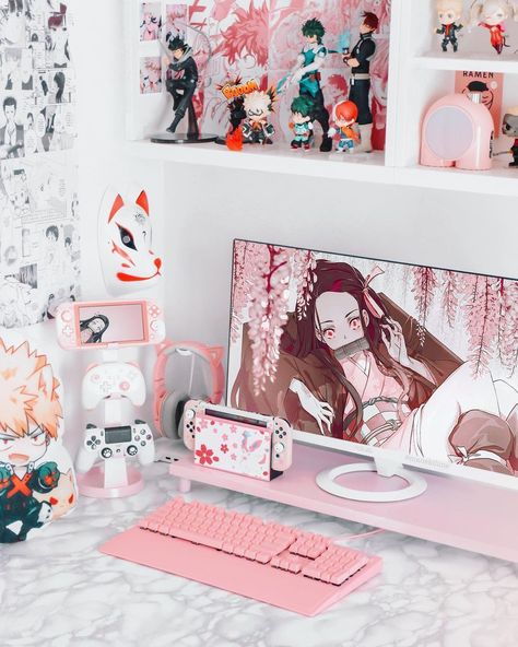 Manekilune ☾ ア on Instagram: “I watched the Demon Slayer movie last night, and wow.. it’s amazing! I can’t wait for season 2 🥺💖 Have you seen it? ♡” Demon Slayer Gaming Setup, Demon Slayer Room Decor Ideas, Demon Slayer Room, Gaming Setup Bedroom, Pastel Gamer, Kawaii Nintendo Switch, Pink Switch, Kawaii Nintendo, Anime Bedroom Ideas