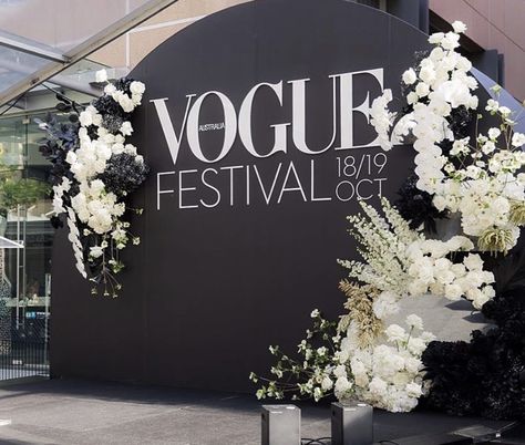 Black & White, Vogue, Vogue Festival 2019, Roses, Hydrangea, Preserved Flowers Corporate Events Decoration, Event Booth, Black And White Photo Wall, Wedding Backdrop Design, Event Stage, Event Backdrop, Black And White Theme, Black Backdrops, Floral Backdrop