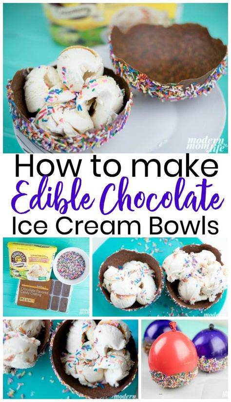 How to make edible chocolate ice cream bowls with sprinkles. This screams Summer Fun! via @amodernmomlife Sprinkle Ice Cream, Edible Bowl, Chocolate Bowls, Chocolate Bowl, Ice Cream Bowls, Ice Cream Sprinkles, Diy Chocolate, Ice Cream Bowl, Ice Cream Toppings