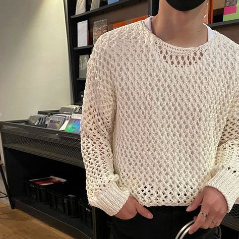 Okwano - Pointelle Knit Top Crochet Mens, Crochet T Shirts, Mesh Tops, Mesh Shirt, Outfits Streetwear, Guys Clothing Styles, Mens Fashion Casual Outfits, Crochet Shirt, Easy Trendy Outfits