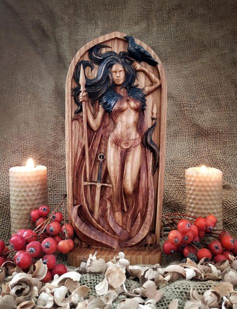 Fate Goddess, Wood Carving Sculpture, Divine Feminine Art, Faery Queen, Altar Design, Carving Sculpture, Irish Mythology, Celtic Goddess, Pagan Altar