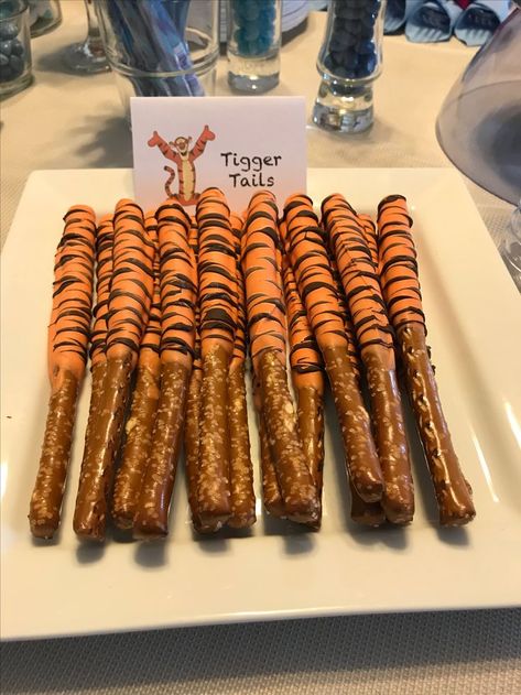 Baby Shower Pretzels, Tigger Tails, Pretzels And Chocolate, Party In The Woods, Baby Shower Snacks, Winnie The Pooh Cake, Baby Shower Treats, Baby Shower Theme Decorations, Baby Shower Deco